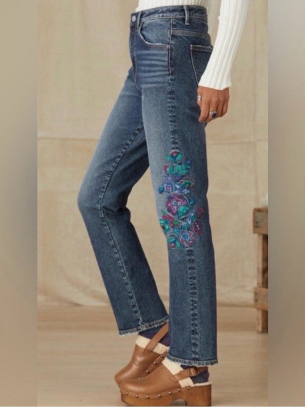 Driftwood Stella Flashflower Embroidered Straight Leg Jeans 31 Boho Chic